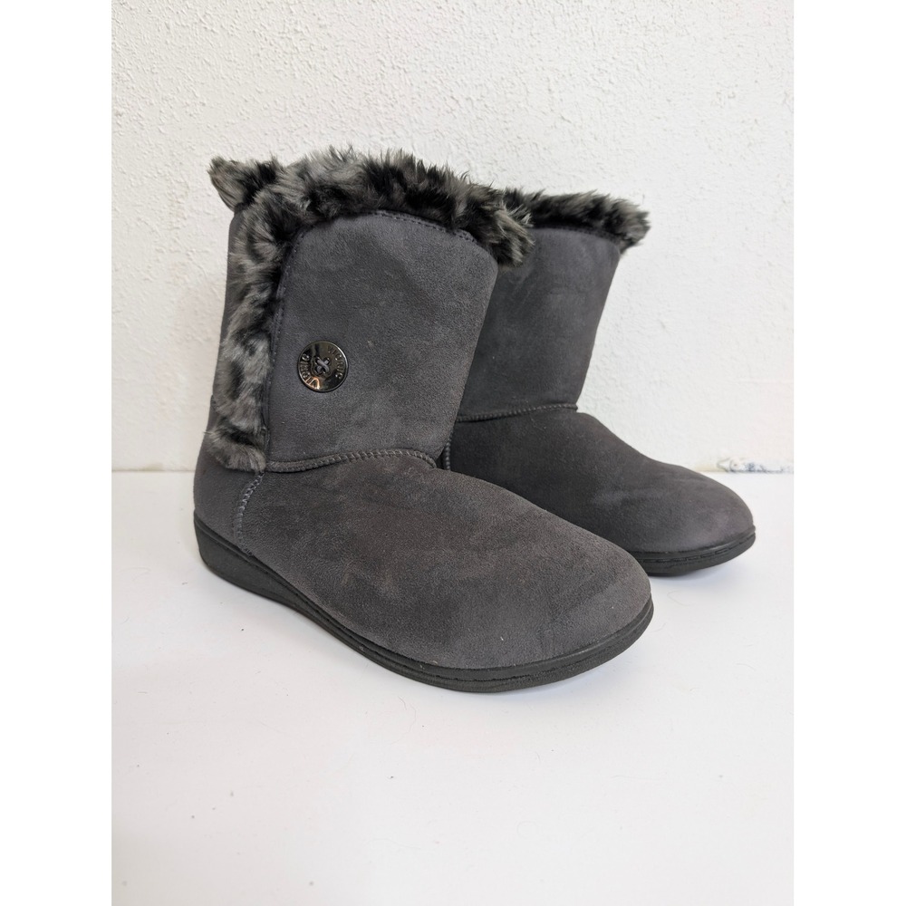 Vionic Womens Fairfax Boots Size 8 Gray Faux Fur Trim Orthopedic Suede Booties